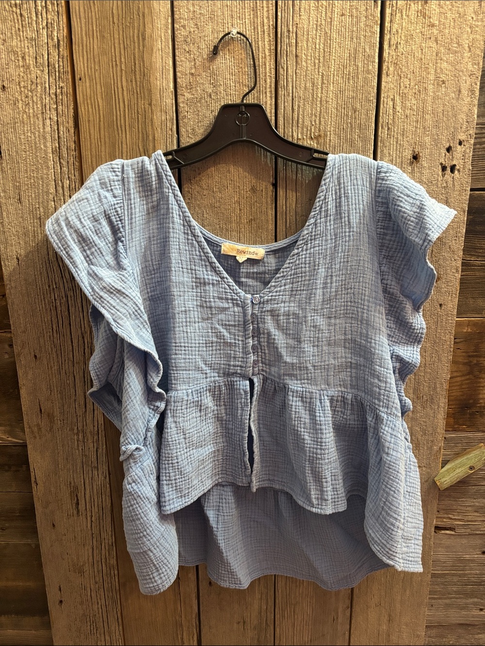 Rewind Light Blue Flutter Sleeve Cotton Gauze Blouse